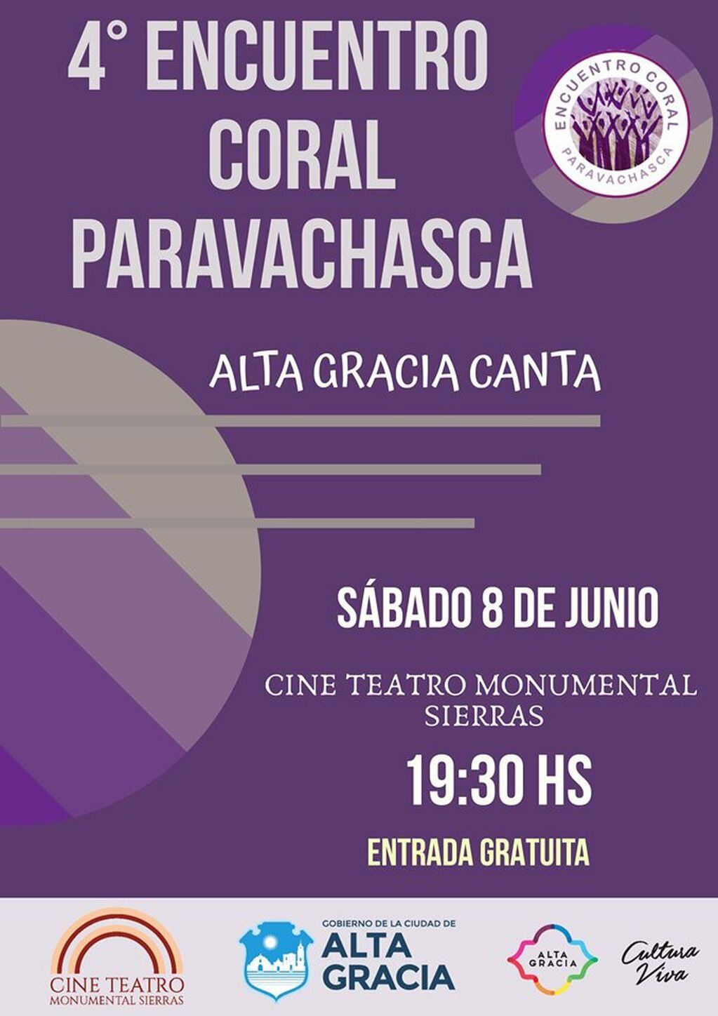 Invitación a la cuarta edición del Encuentro Coral Paravachasca, Alta Gracia.