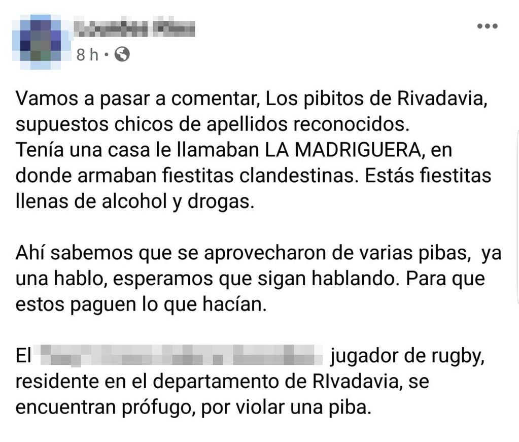 La publicaciones en las redes sociales apuntan a distintos desmanes en las fiesta clandestina en Rivadavia.