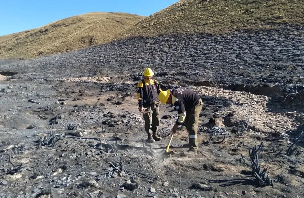 Miembros de la Brigada de Incendios Forestales trabajan en la extinción de últimos vestigios de fuego, en la Puna jujeña.