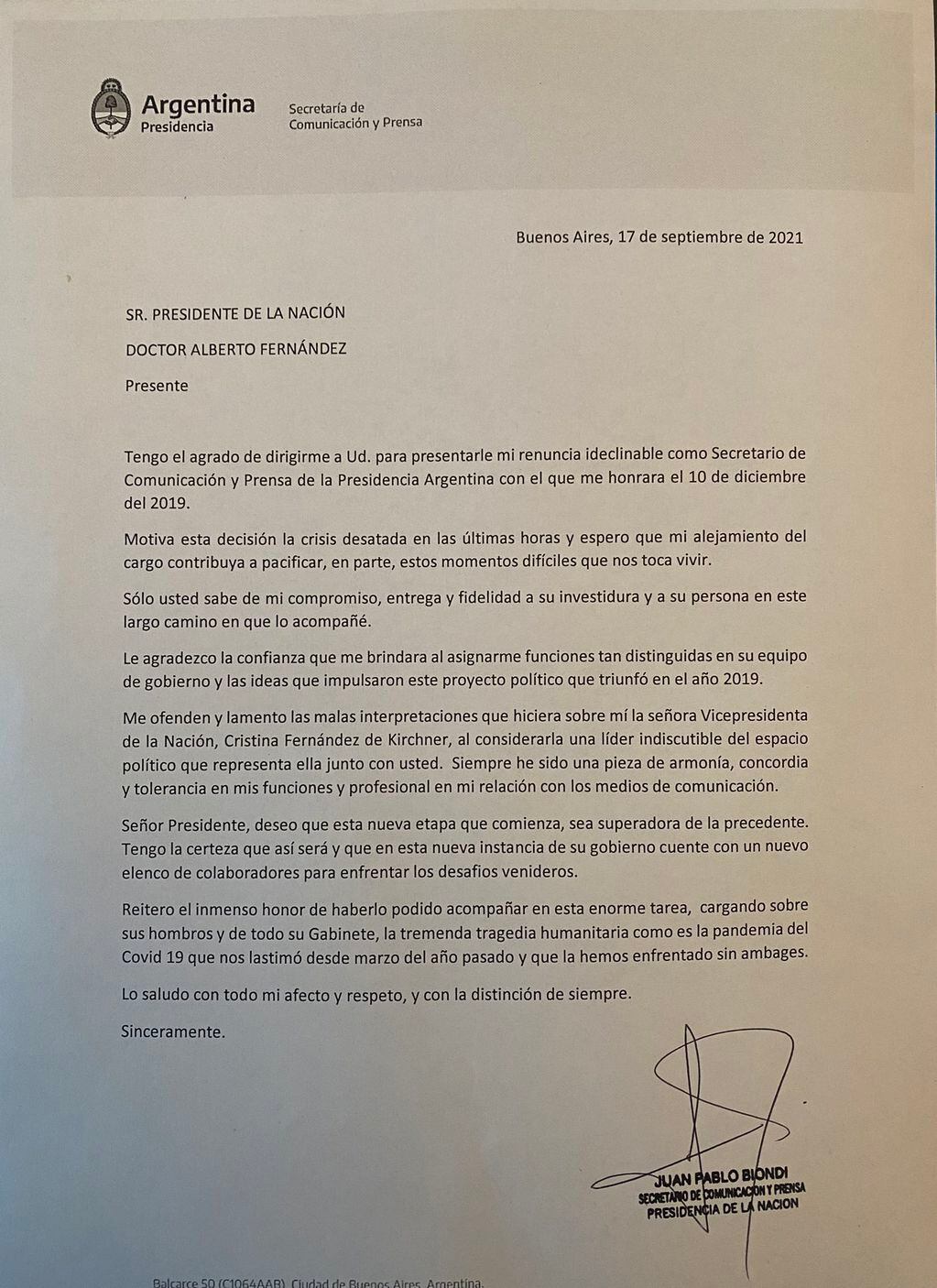 La renuncia de Juan Pablo Biondi.