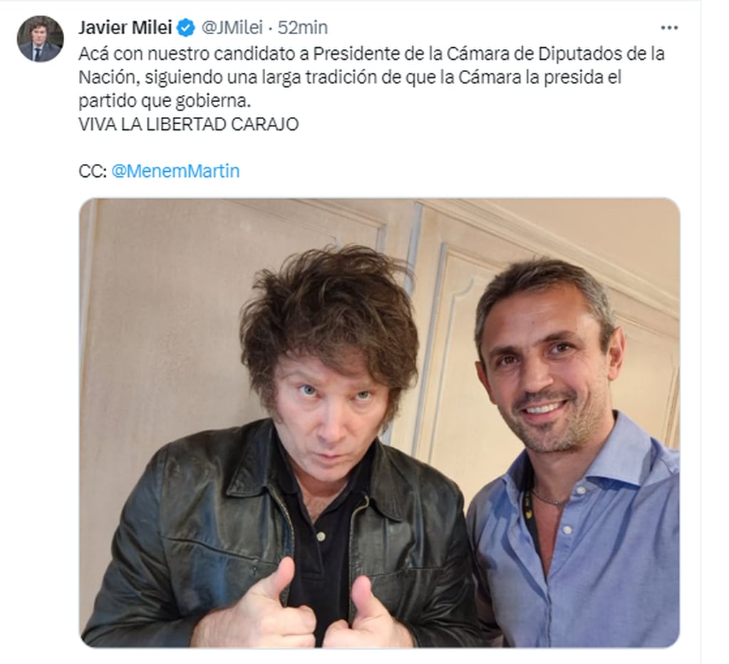 El posteo de Javier Milei en X tras la reunión con Martín Menem.