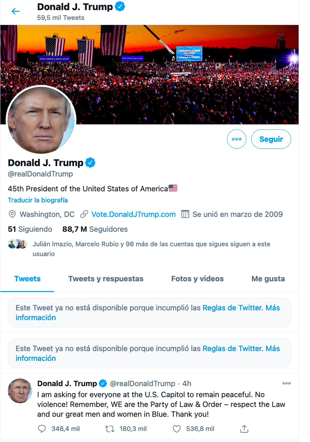 La red social Twitter eliminó algunos mensajes del presidente Donald Trump y bloqueó su cuenta por 12 horas.