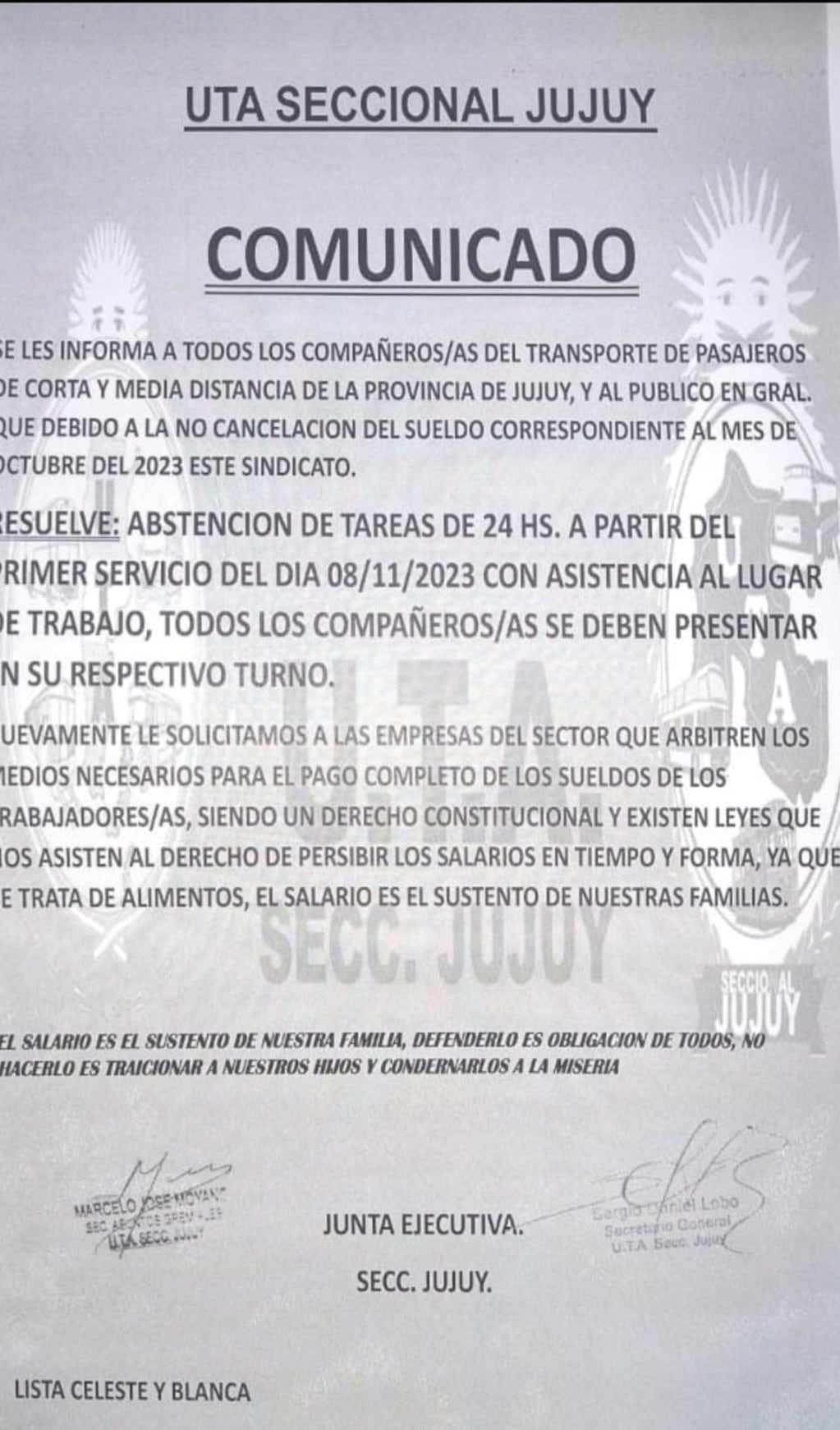 El comunicado distribuido por la UTA Jujuy este martes 7 de noviembre anunciando una nueva medida de fuerza en reclamo del pago de los haberes de octubre.