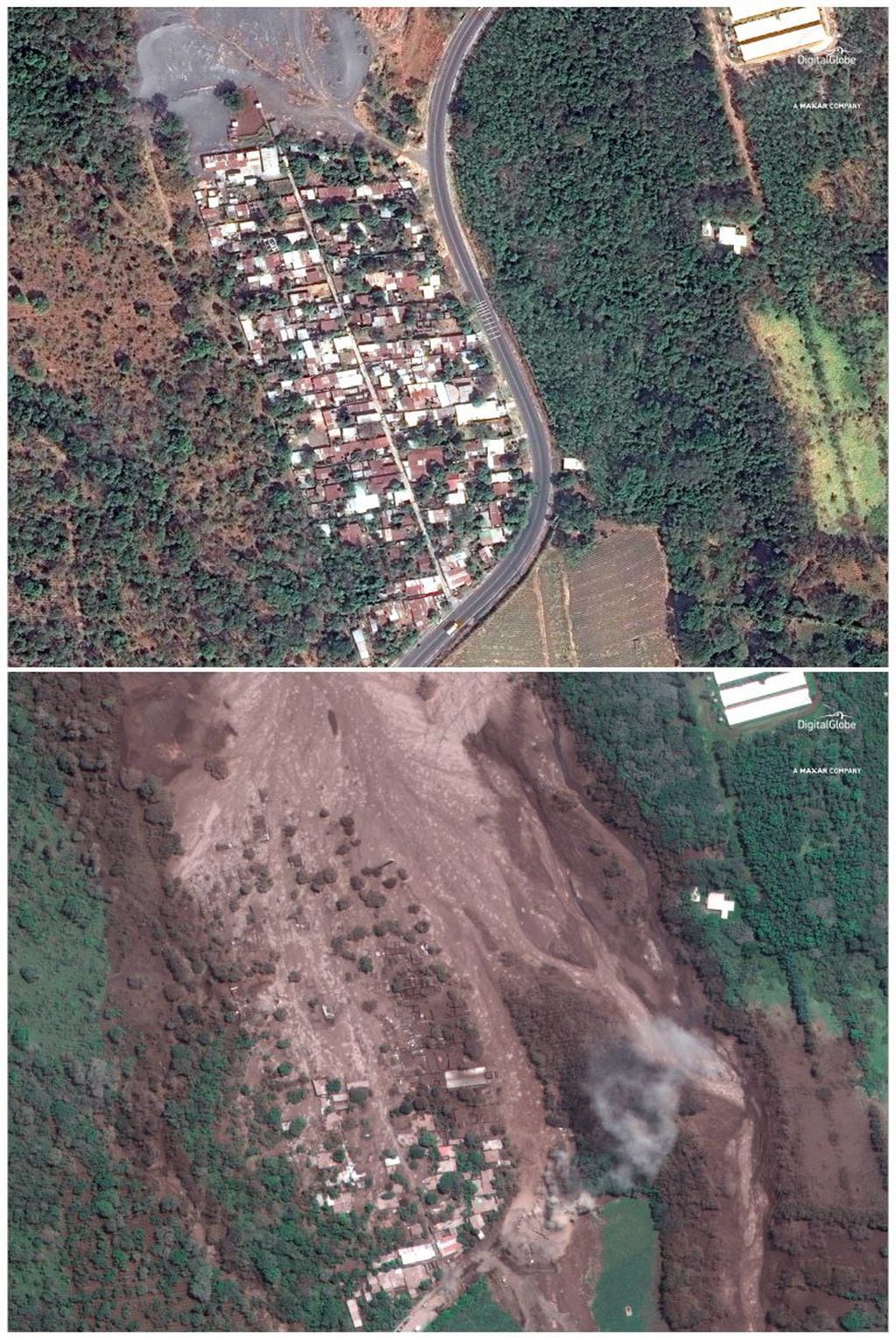 Dos imágenes satelitales muestran la diferencia entre el 5 de febrero y el 6 de abril en San Miguel Los Lotes (AP)