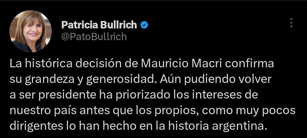 El mensaje de Patricia Bullrich sobre el anuncio de Mauricio Macri.