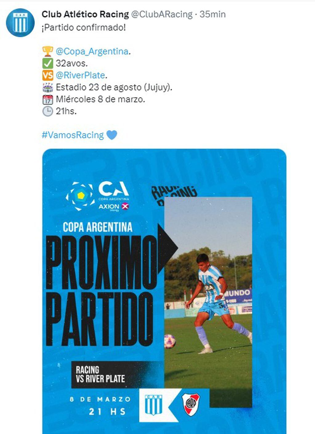 Racing y River jugarán en Jujuy por el pase a los 16avos de Copa Argentina.