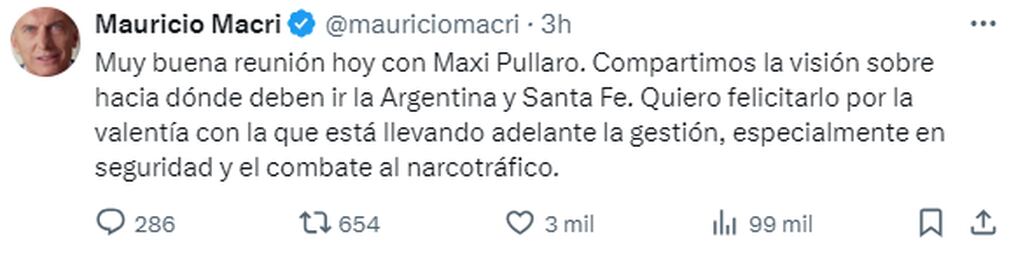 Mauricio Macri elogió a Pullaro y le agradeció por declararlo Huésped de honor.