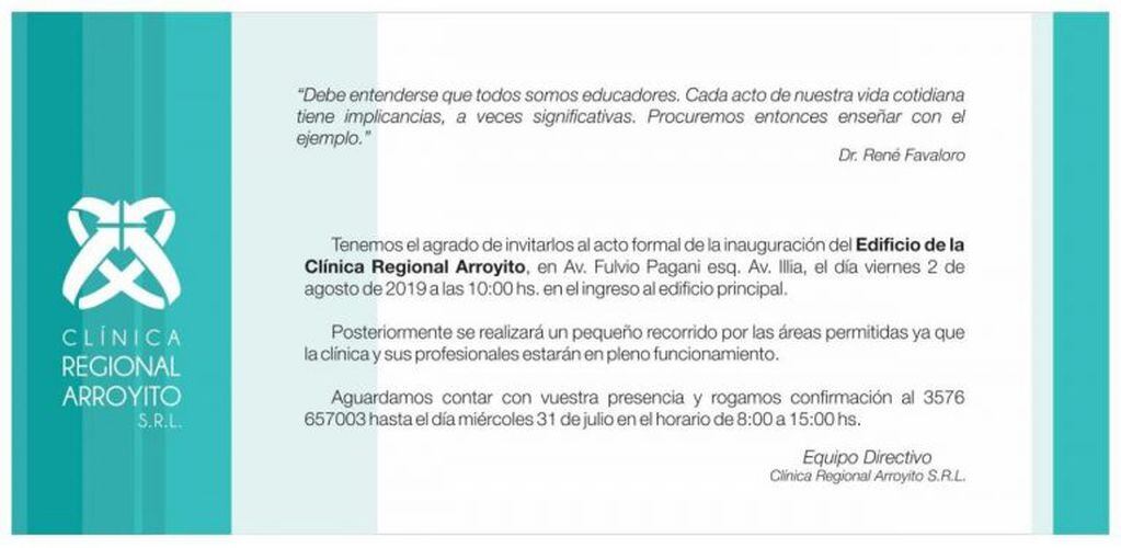 Clinica Regional Arroyito inaugura el viernes 2 de agosto a las 10 hs.