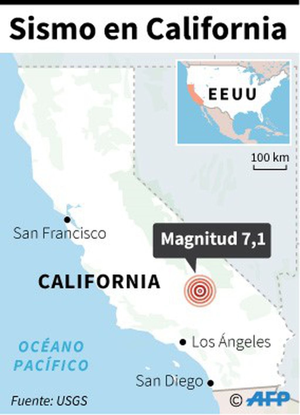 Mapa del estado de California localizando el sismo de magnitud 7,1, ocurrido este viernes. (AFP)