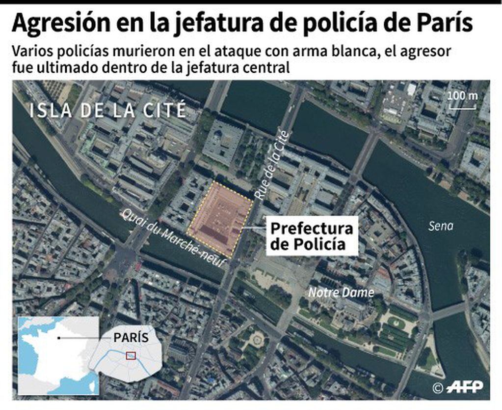 Localización de la Prefectura de Policía de París, en donde varios policías murieron en el ataque con arma blanca el jueves. Crédito: AFP / AFP.