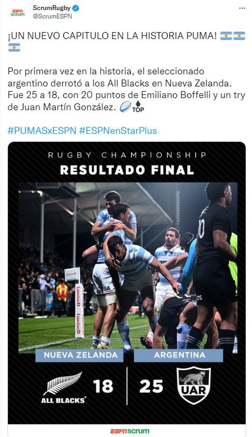Juan Martín González, de 21 años y tercera línea de Marista Rugby, marcó un try clave para la histórica victoria de Los Pumas sobre los All Blacks.