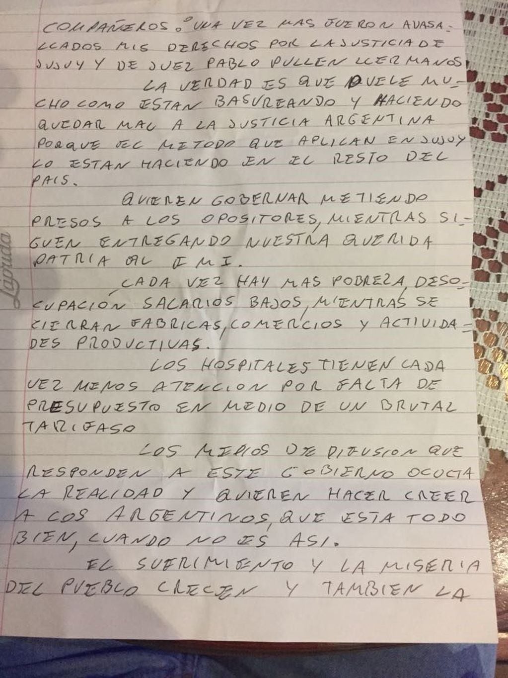 Milagro Sala escribió una carta desde el penal federal de Salta, donde se encuentra alojada
