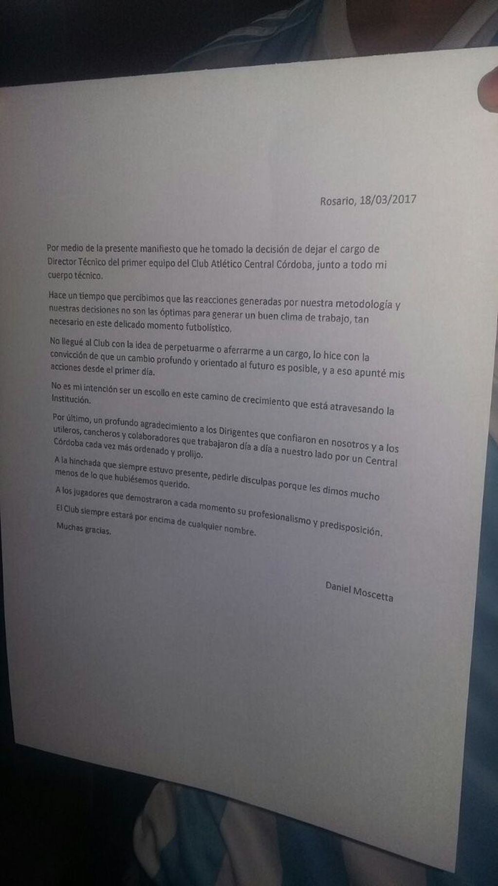 Carta del entrenador Daniel Moscetta tras renunciar a su cargo en Central Córdoba.