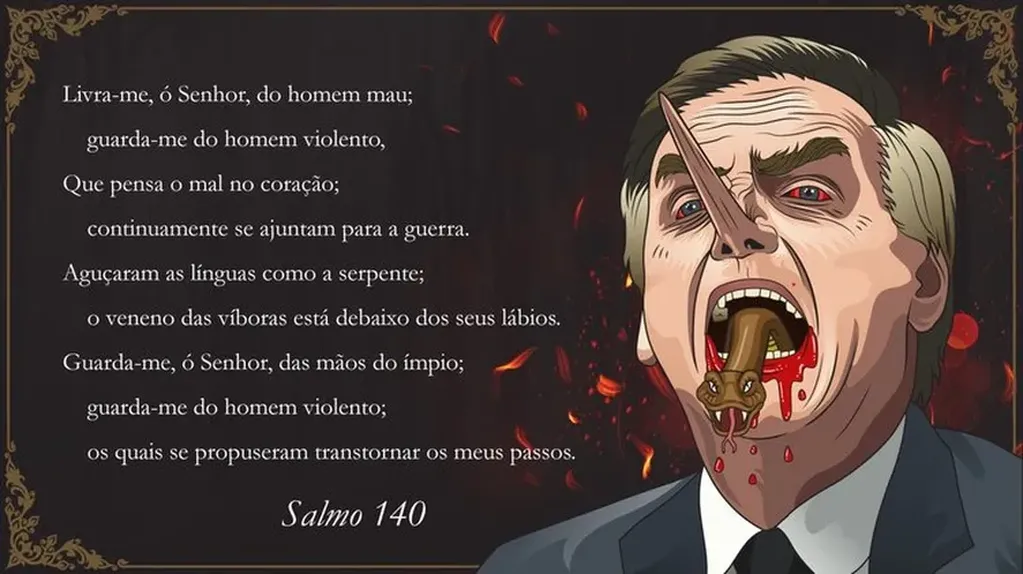 Cara deformada y una serpiente de su boca, la elocuente imagen de Jair Bolsonaro.