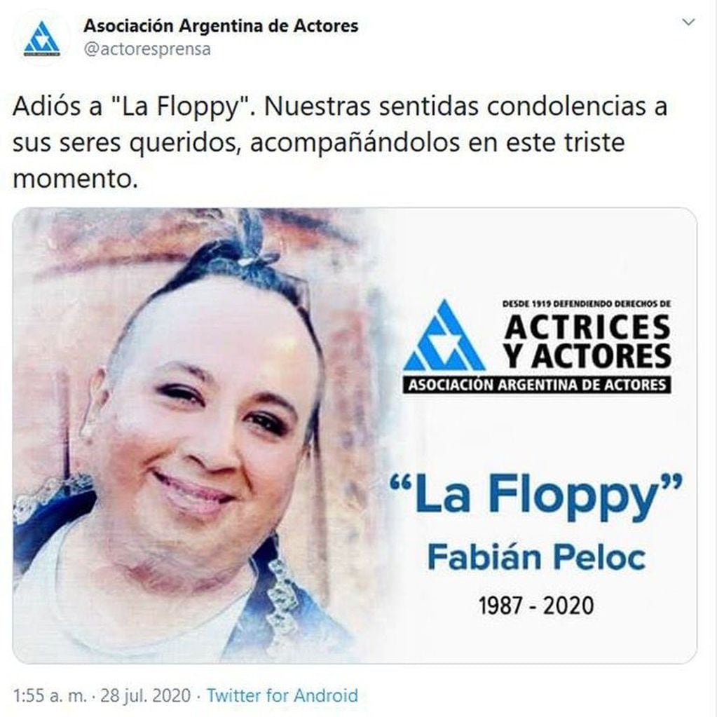 La Asociación Argentina de Actores confirmó la muerte de "La Floppy", la entrañable amiga y fiel asistente de Lizy Tagliani. (Twitter/actoresprensa)