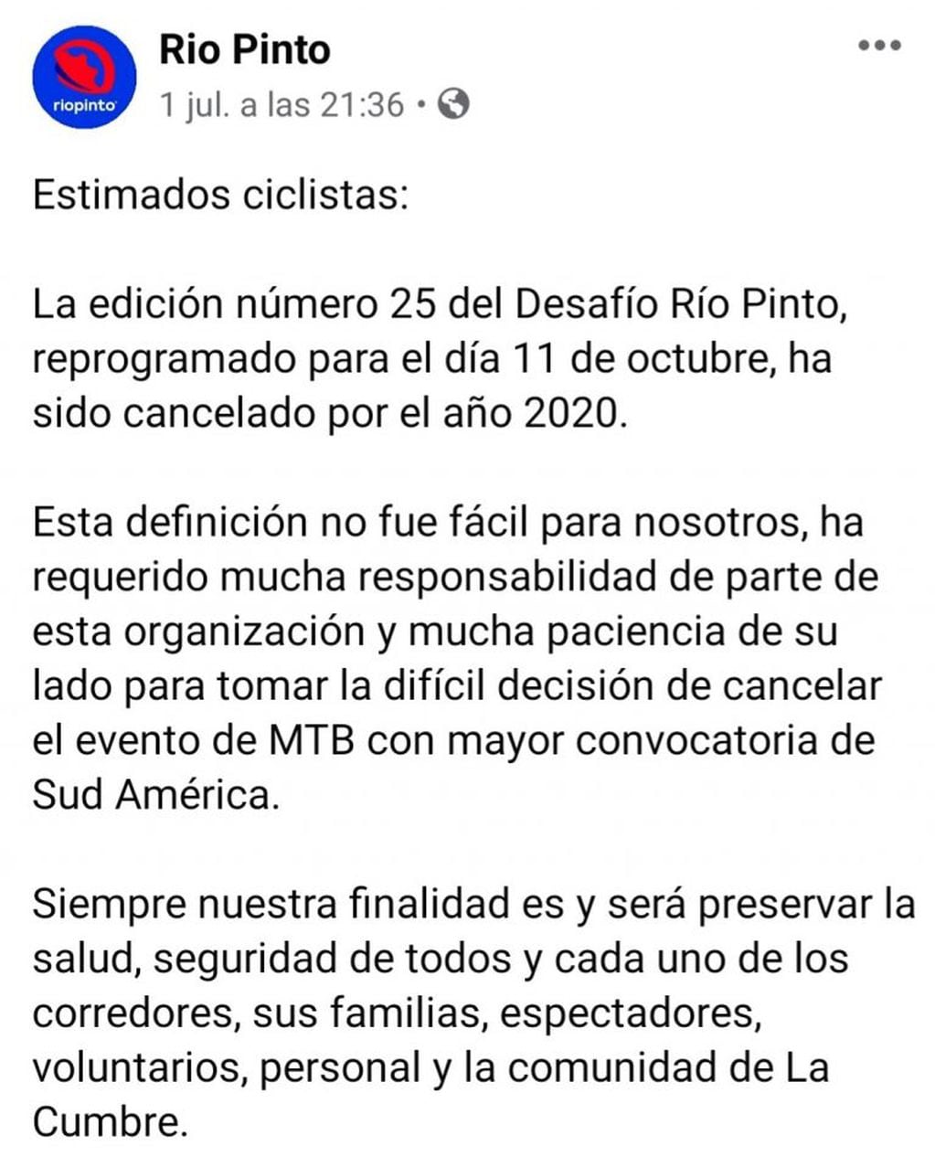 Comunicado de Río Pinto. (Foto: captura de pantalla / Facebook).