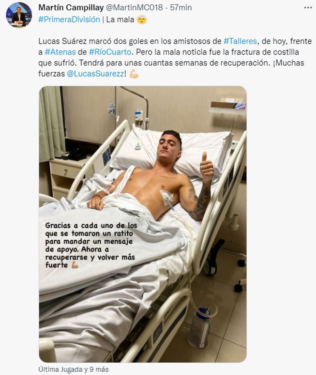 El defensor de Talleres, Lucas Suárez, sufrió fractura de costilla.