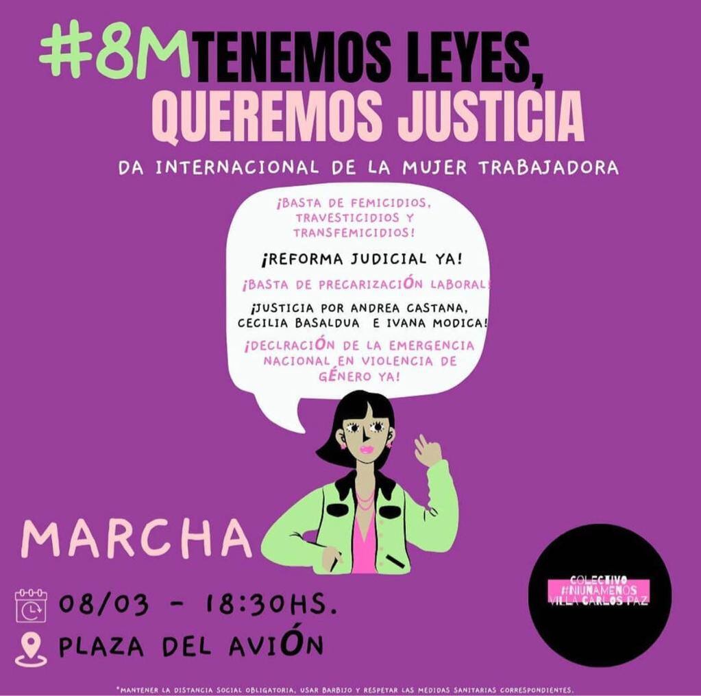 Invitación a la marcha por el Día de la Mujer en Carlos Paz.