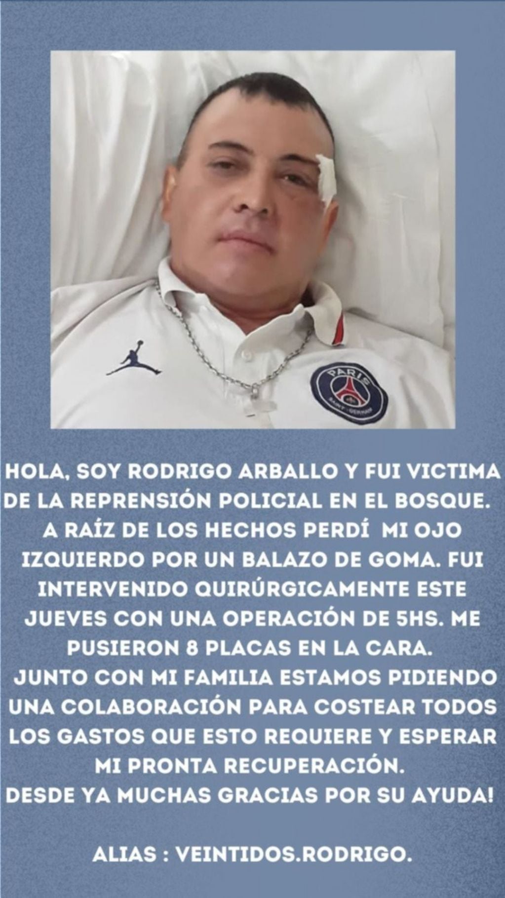 El pedido de solidaridad de Rodrigo Arballo tras ser víctima de la represión del 6 de octubre en el estadio de Gimnasia.