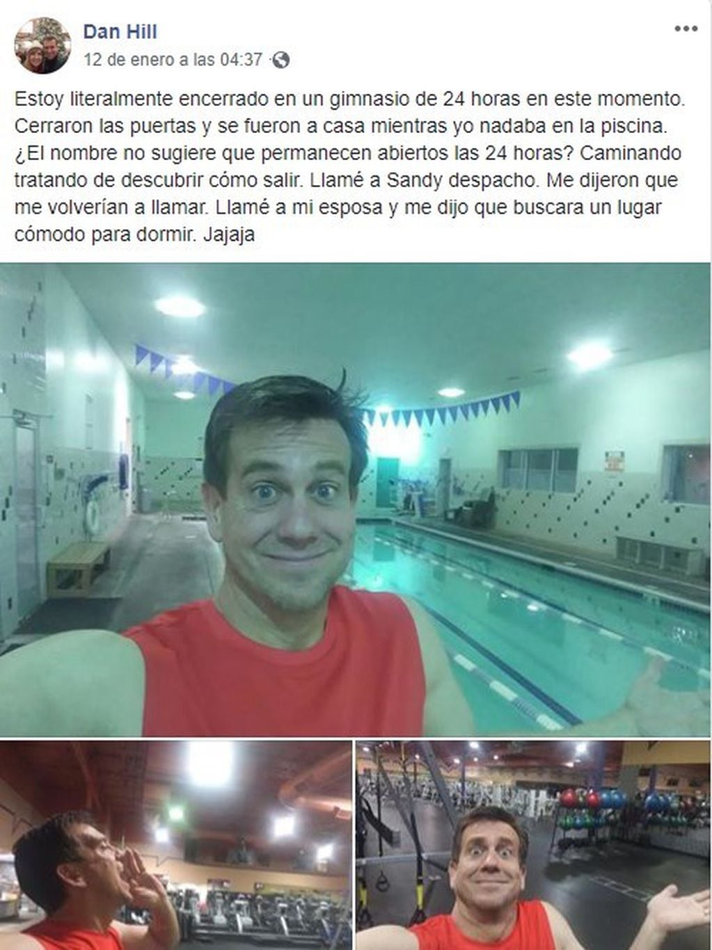 Lo dejaron encerrado en el gimnasio, lo contó en Facebook y sus fotos se volvieron virales (Foto: Facebook/ Dan Hill)