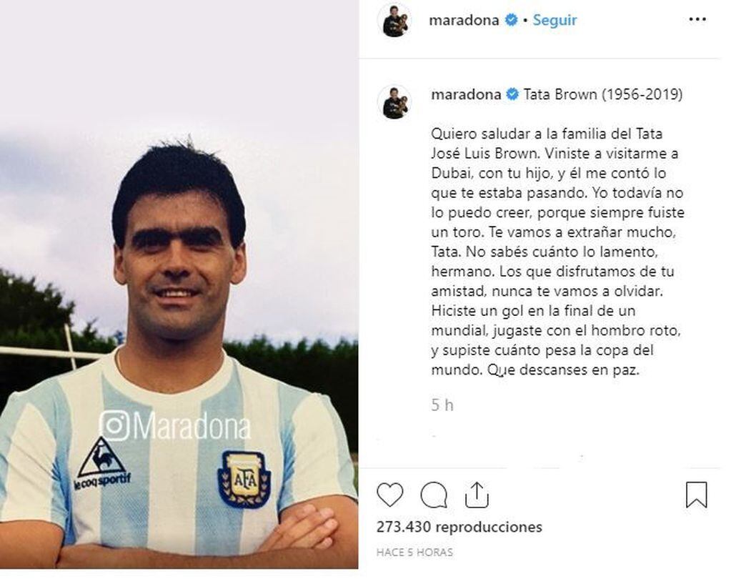 La publicación de Diego Maradona para despedir al Tata Brown (Foto: Instagram)