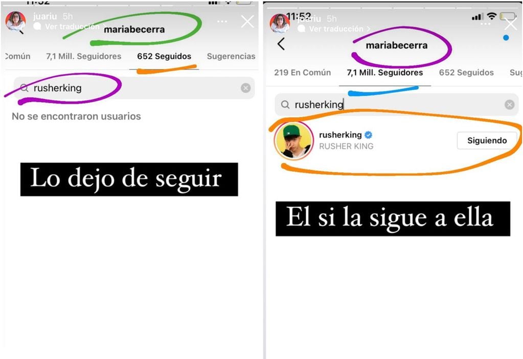 María Becerra dejó de seguir a Rusherking, mientras que él sigue activo en las redes de ella. 