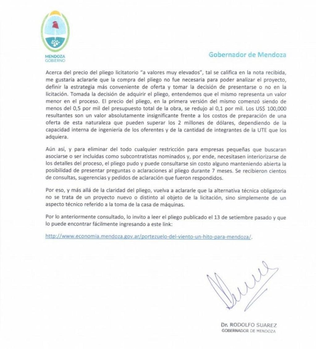 Respuesta del Gobierno de Mendoza a la Cámara Argentina de la Construcción