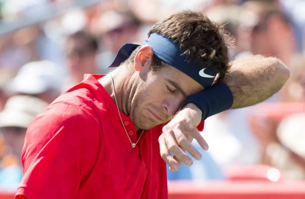 Juan Martin del Potro from Argentina wipes his face during his match against Denis Shapovalov of Canada during the Rogers Cup men’s tennis tournament, Wednesday, Aug. 9, 2017 in Montreal. (Paul Chiasson/The Canadian Press via AP) montreal canada juan martin del potro tenis torneo copa rogers master 1000 montreal tenis tenistas