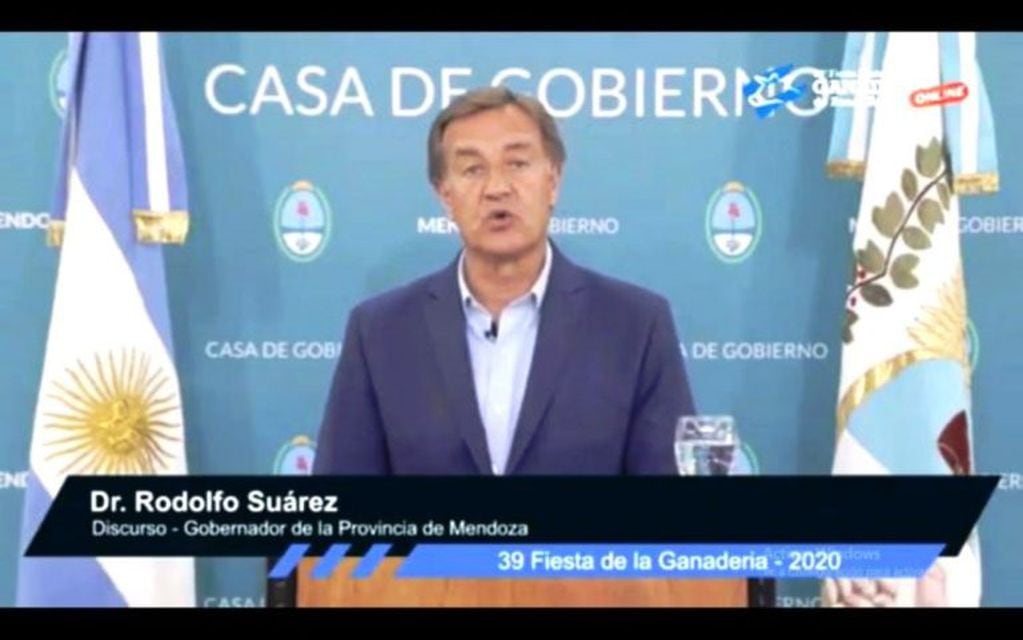 Gobernador Rodolfo Suárez en su discurso online en la fiesta de la Ganadería.