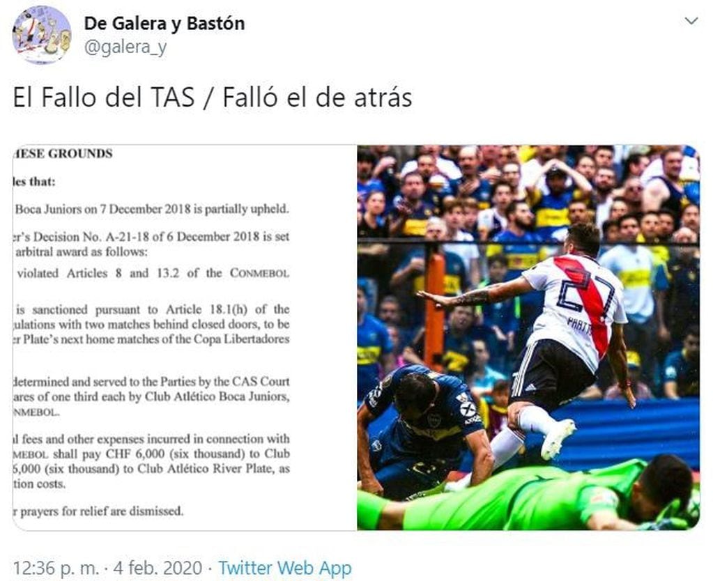 Los memes tras el fallo del TAS, que ratificó el campeonato de River en la Libertadores 2018 (Foto: captura Twitter)