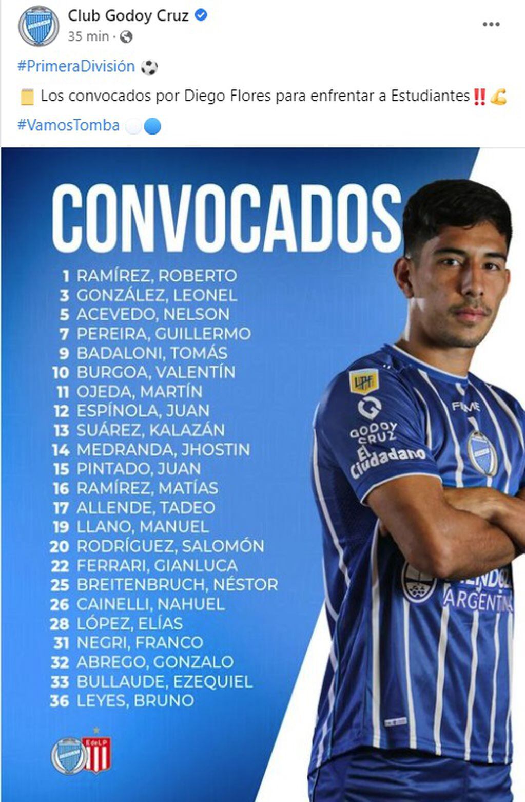 Lista de jugadores del Tomba convocados por el técnico Diego Flores para enfrentar a Estudiantes LP.