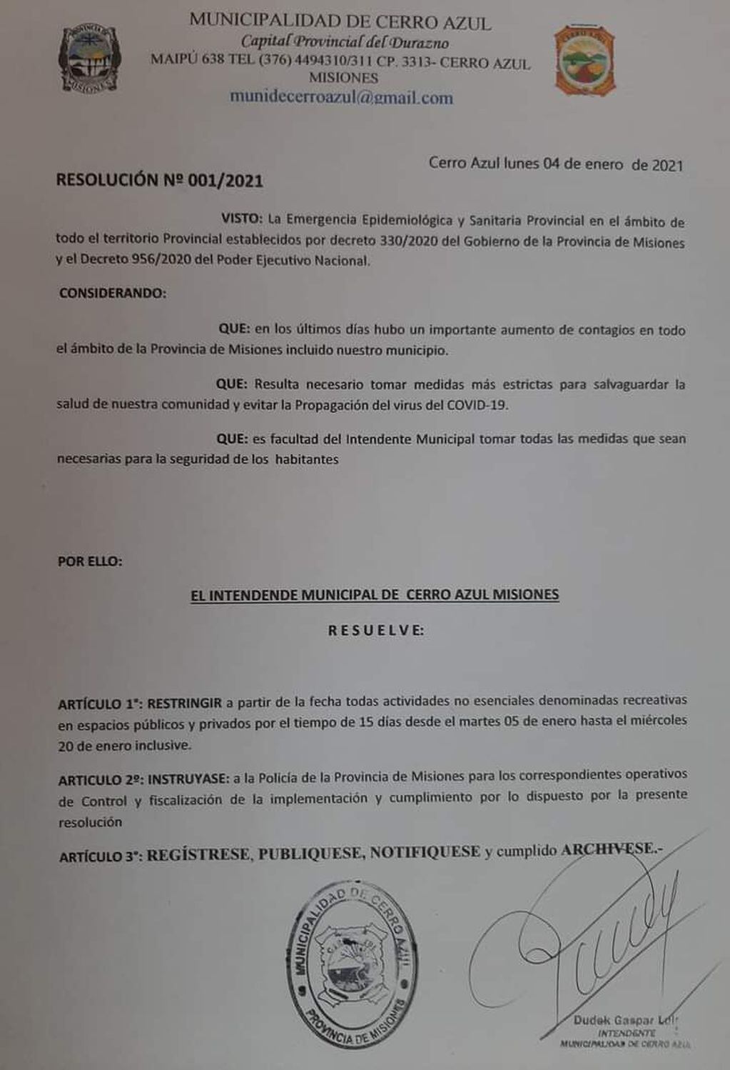 Municipio de Cerro Azul resolvió restringir actividades el 20 de enero