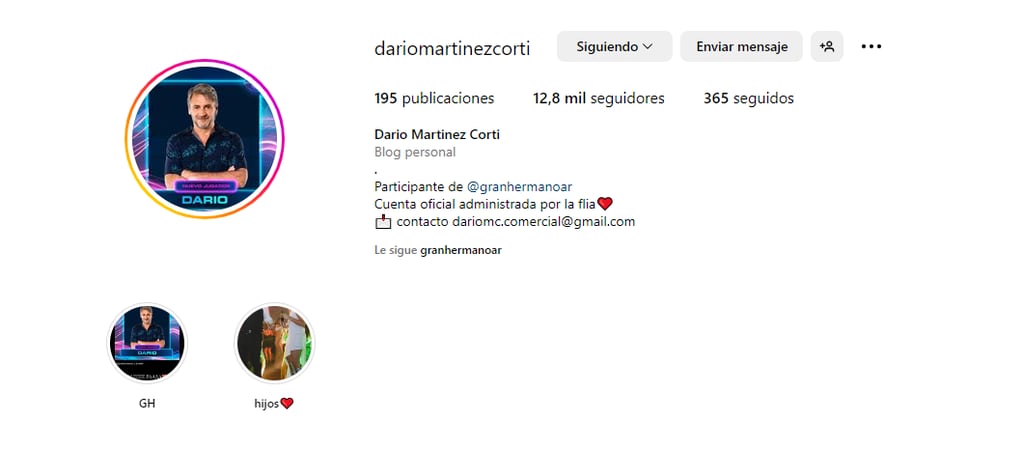 El Instagram de Darío Martínez Corti, el nuevo participante de Gran Hermano 2024.