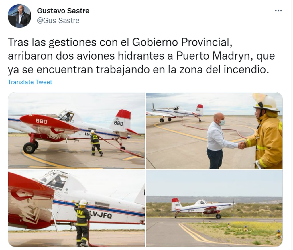 Enviaron dos aviones hidrantes a apagar los incendios en Puerto Madryn.