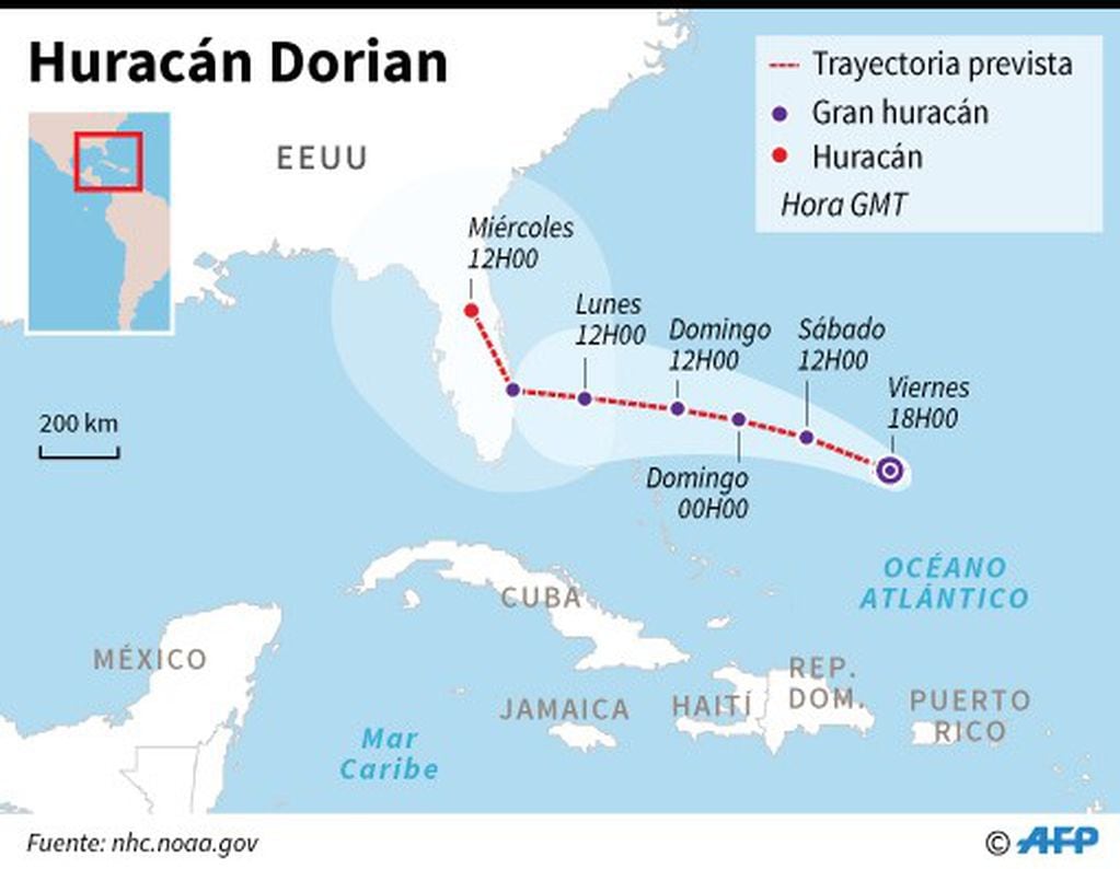 Trayectoria prevista del huracán Dorian. (AFP).