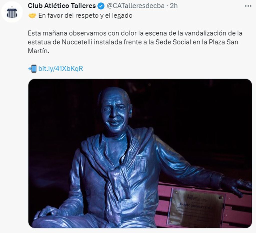 Talleres emitió un comunicado ante el acto vandálico contra la estatua de Amadeo Nuccetelli.