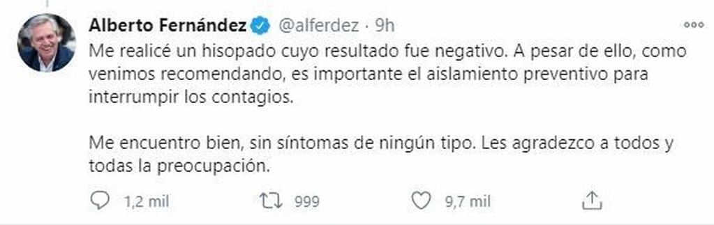 El mensaje de Alberto Fernández tras su primer hisopado. (Twitter)