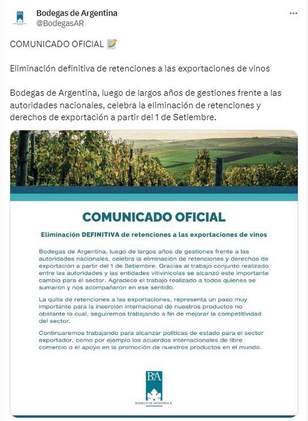 Comunicado de Bodegas Argentinas, tras la eliminación de las retenciones al vino.