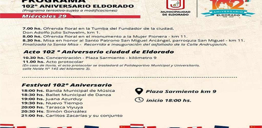 Esta semana finalizan las actividades por el 102° aniversario de la ciudad de Eldorado.