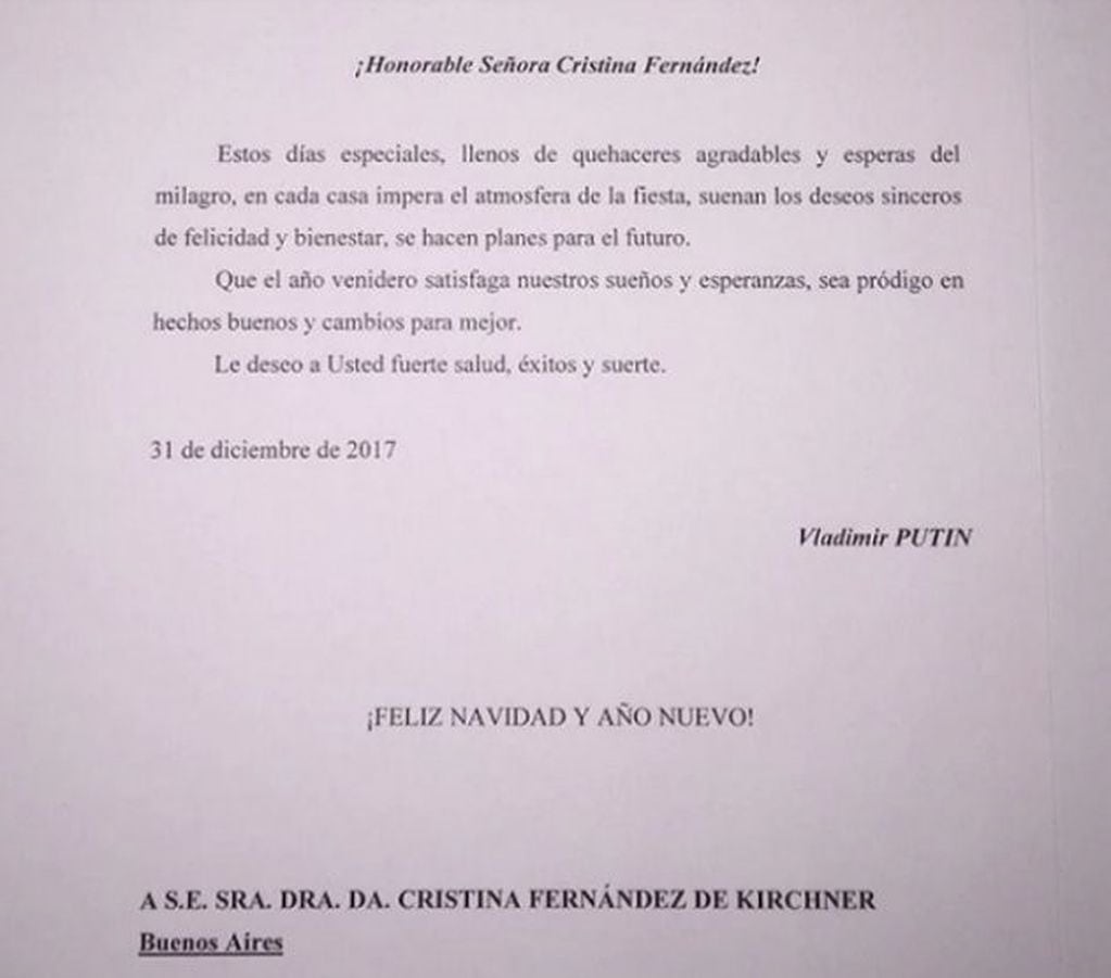 Carta de Putin a Cristina