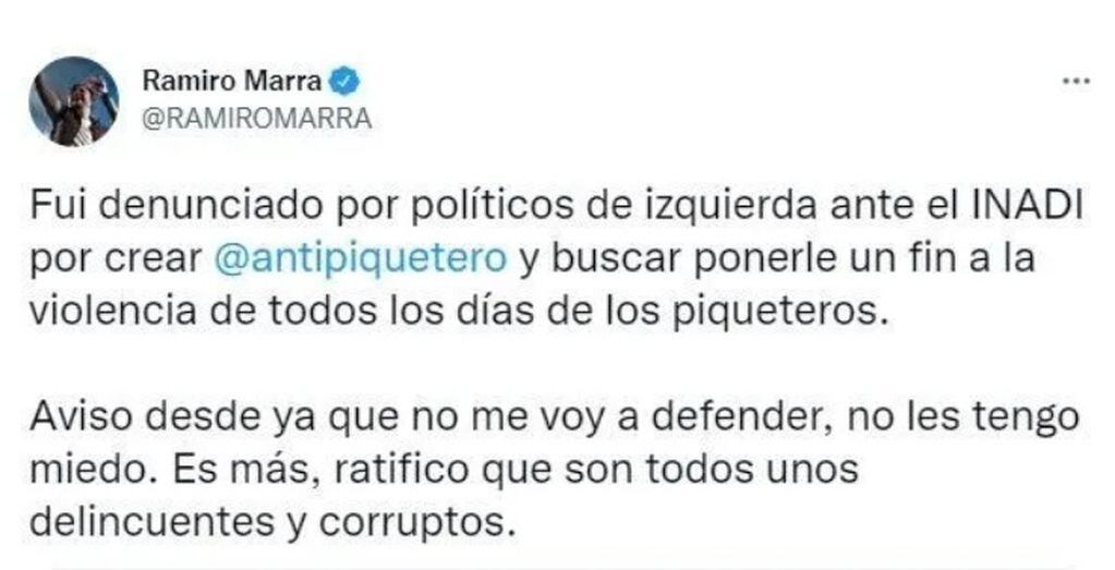 El descargo de Ramiro Marra en Twitter.