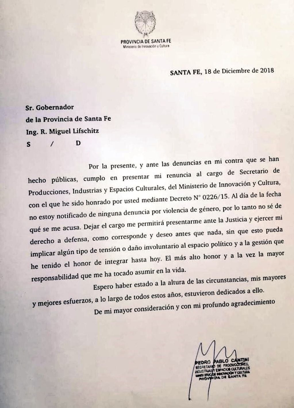 Carta de la renuncia de Pedro Cantini en el Gobierno de Santa Fe. (@movil_kike)