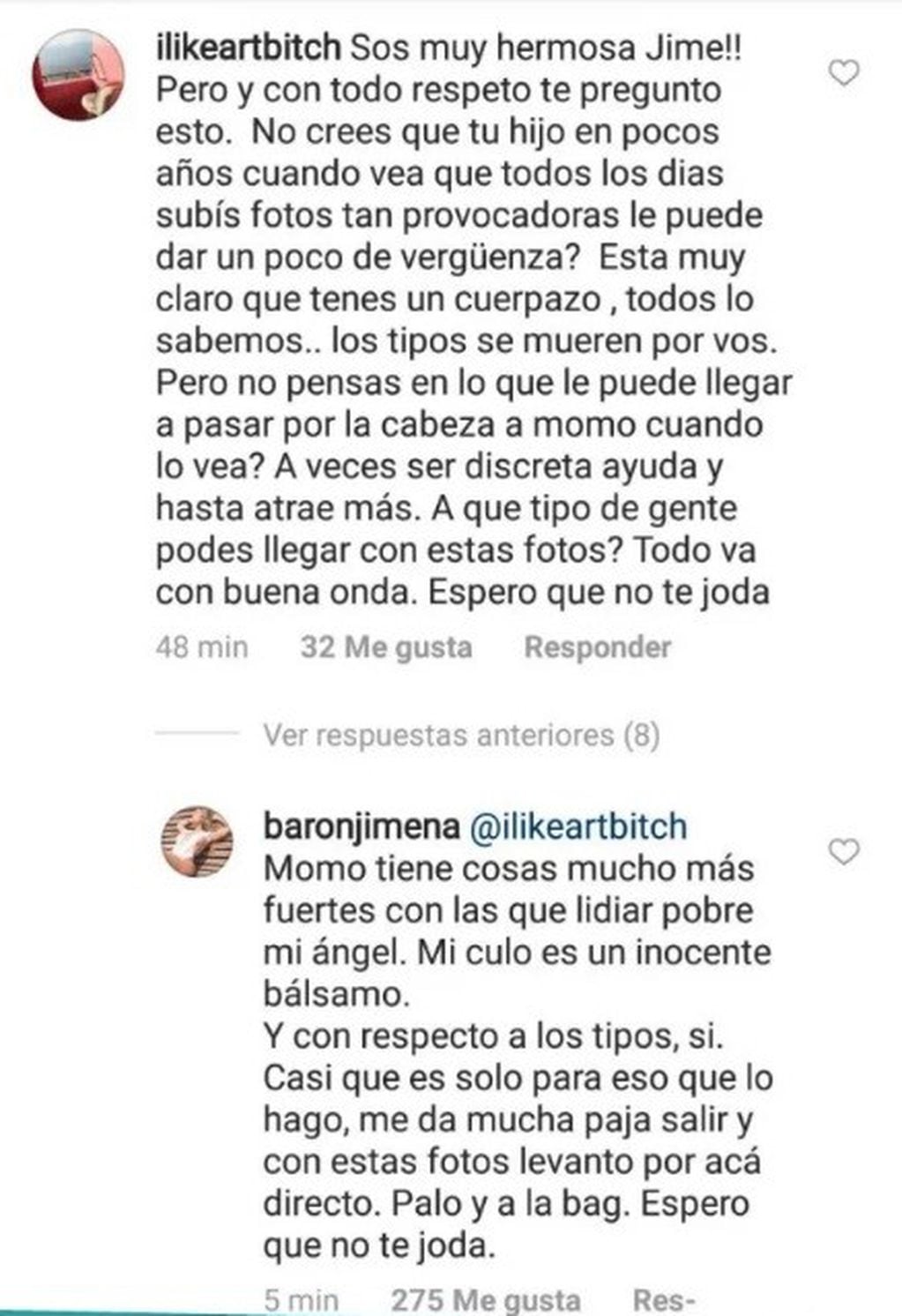 Jimena Barón se cruzó con un seguidor en Instagram. (Foto: captura)
