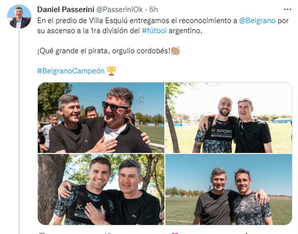 Daniel Passerini, vice intendente de Córdoba, con más homenajes para los campeones de Belgrano.