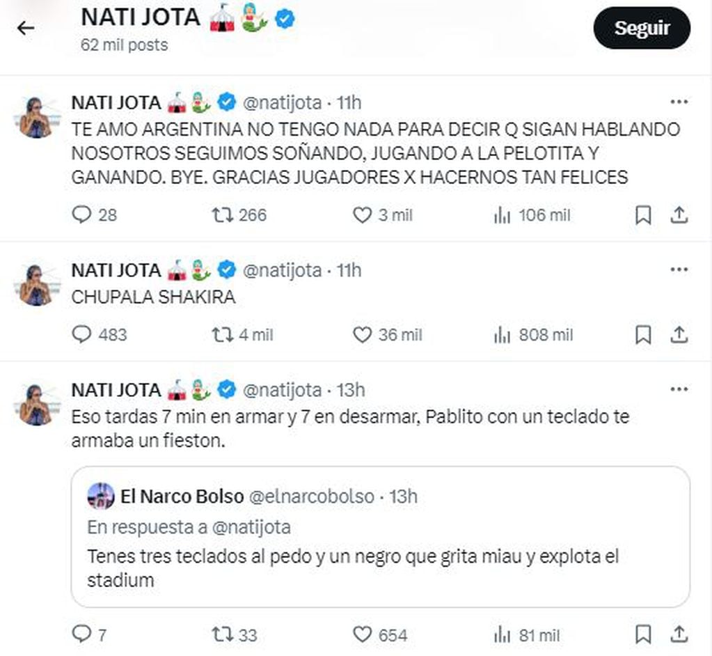 Nati Jota festejó “la mufa” de Gastón Edul a Colombia y le tiró un palito a Shakira tras el triunfo de Argentina
