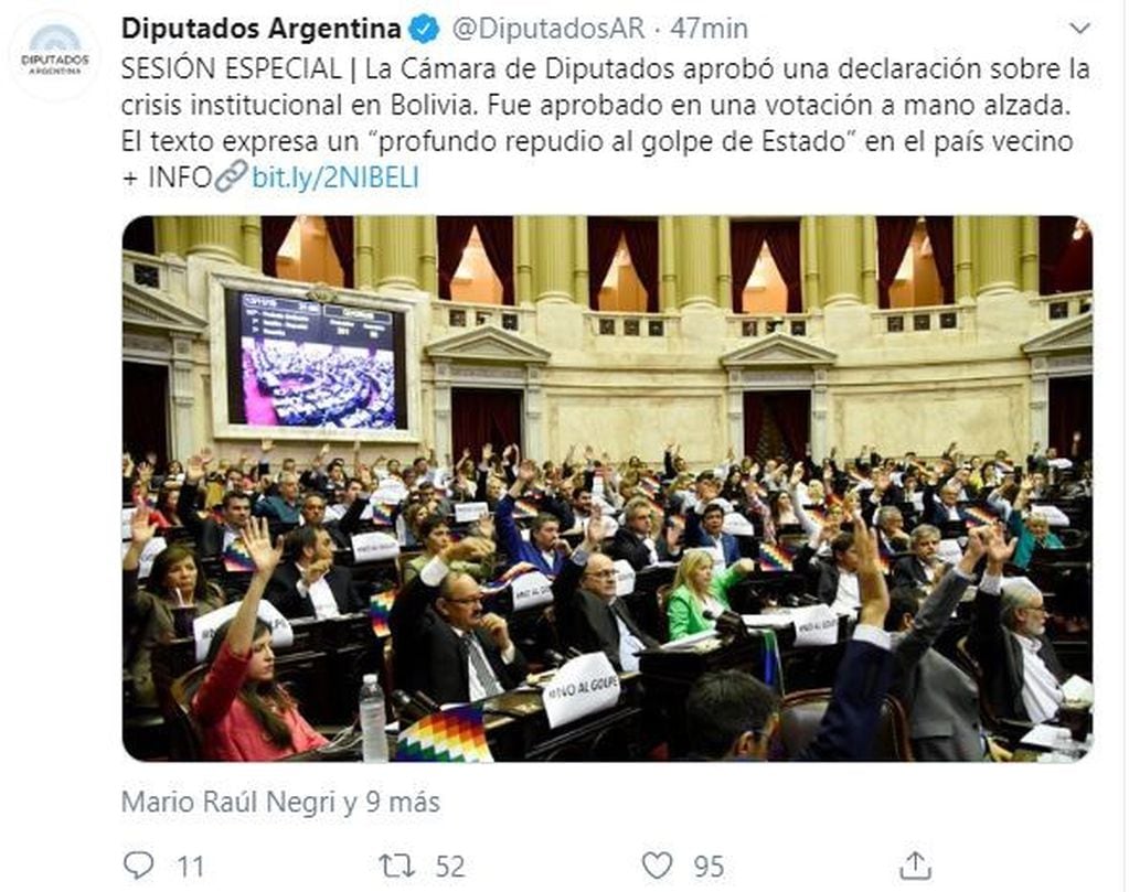 La Cámara de Diputados aprobó una declaración sobre la crisis institucional en Bolivia.