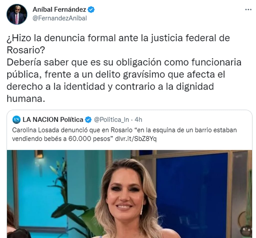 La respuesta de Aníbal Fernández a la grave denuncia de Carolina Losada.