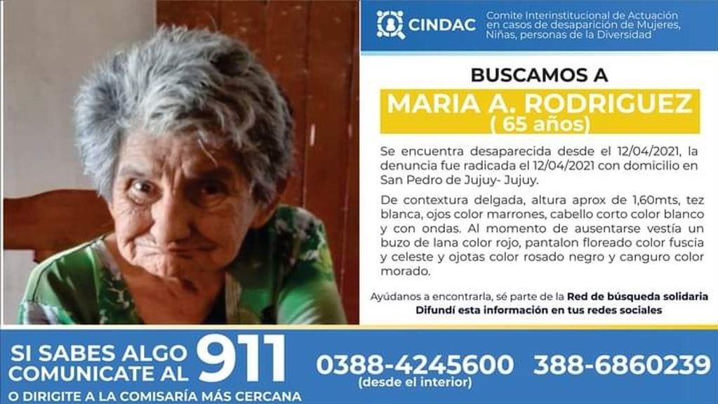 La búsqueda de María Rodríguez se remonta al lunes 12 de abril, en San Pedro de Jujuy.