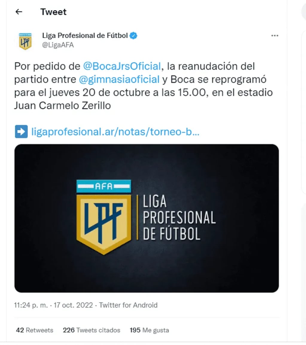 Así lo comunicó la cuenta oficial de la Liga Profesional de Fútbol.