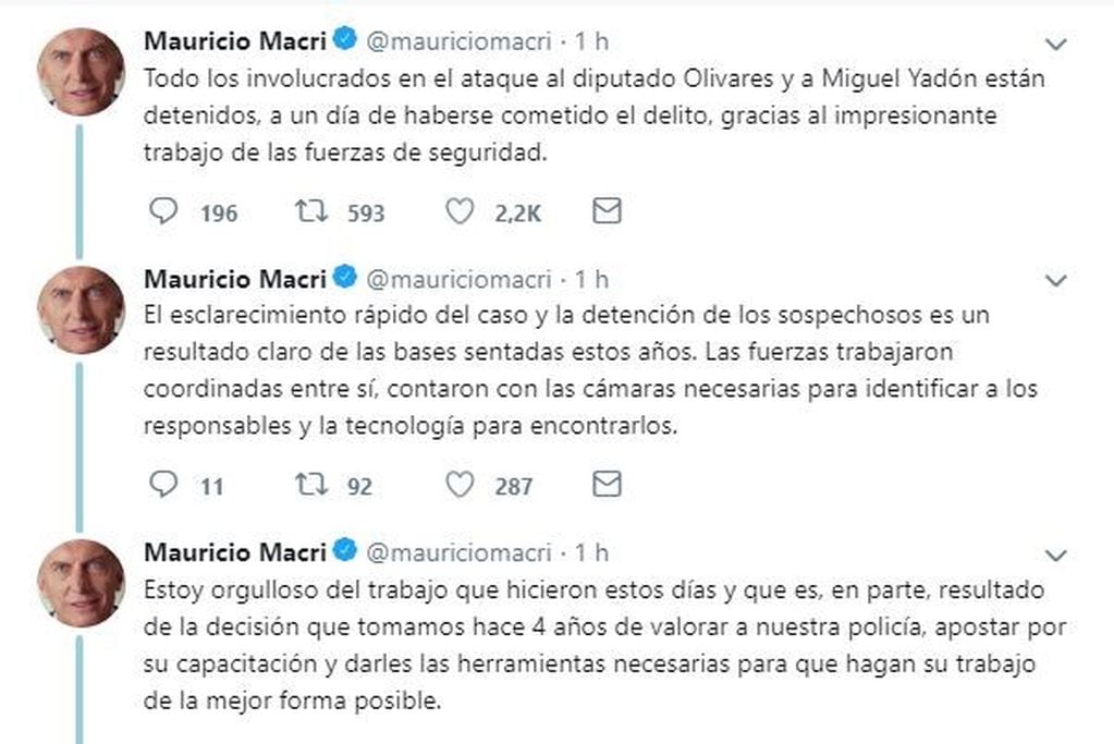Macri expresó sus felicitaciones a las fuerzas de seguridad por el operativo  en el caso Olivares-Yadón. (Twitter / @mauriciomacri)